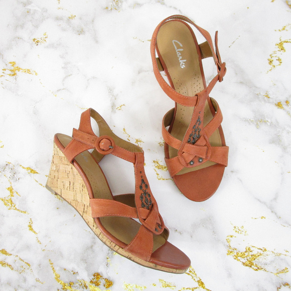 Clarks Shoes - Clarks Rust Orange Embellished Wedge Sandals